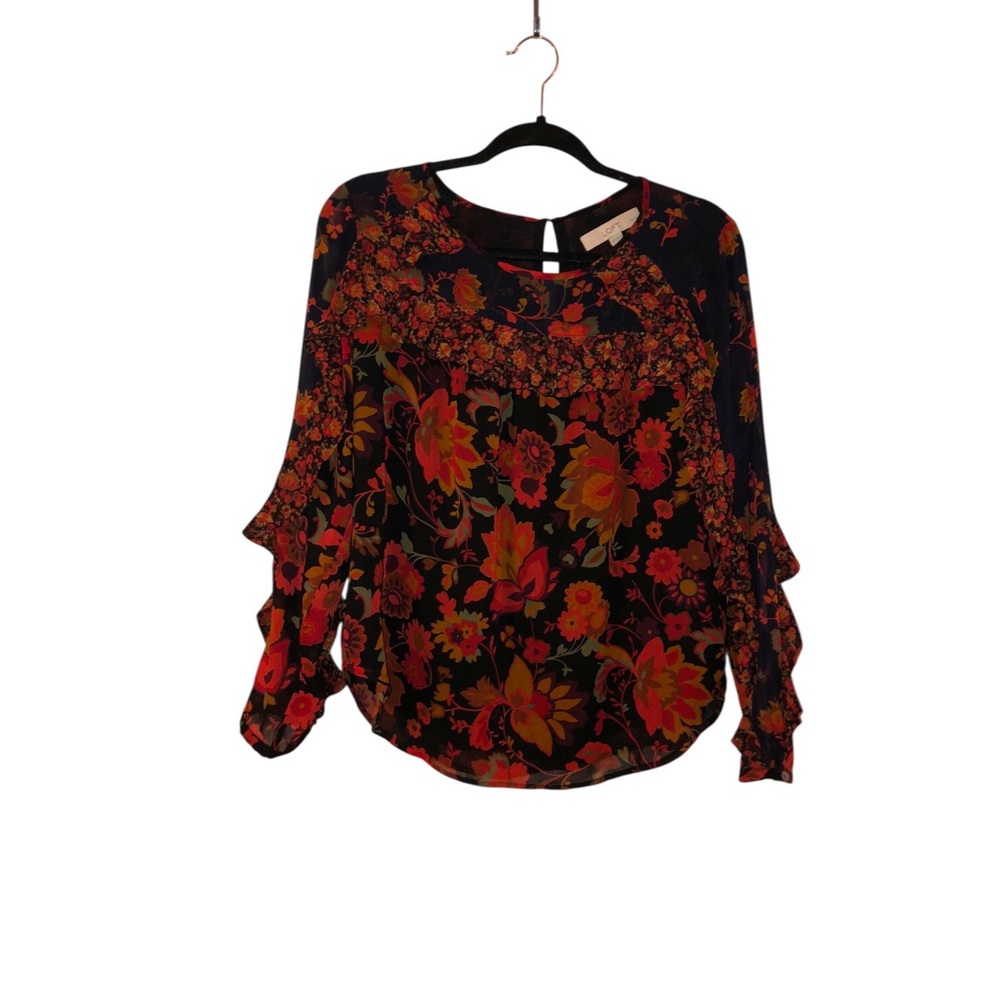 LOFT Floral Keyhole Ruffle Blouse in Black with Red & Orange Blooms
